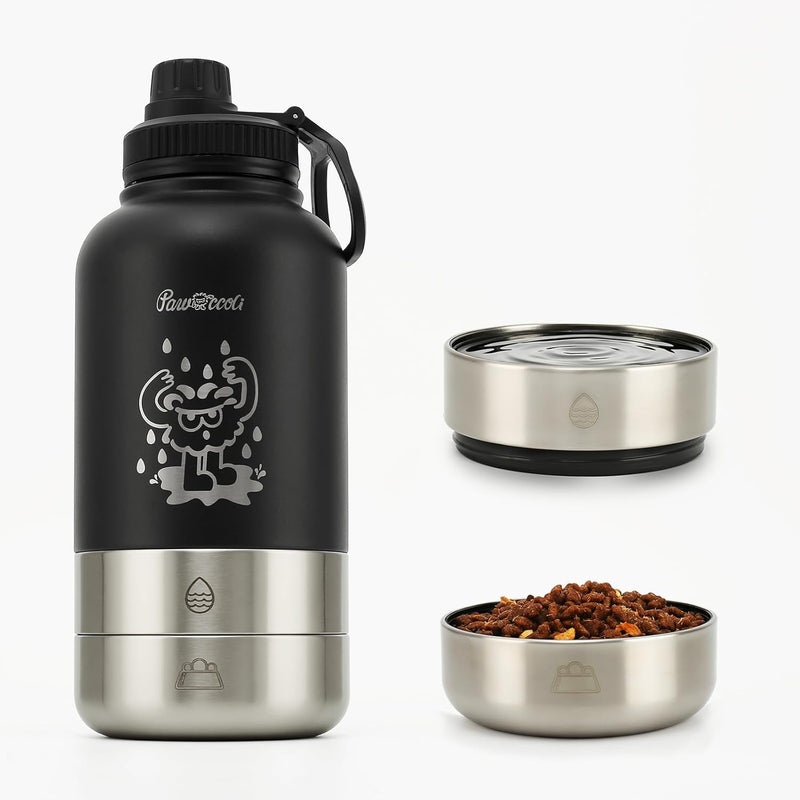 Pawccoli 34oz Dog Water Bottle, Stainless Steel Dog Water Bottle Dispenser with Detachable Food & Water Bowls, Keeps Water Hot/Cold, for Walking, Hiking, Camping(Black) - Image 1